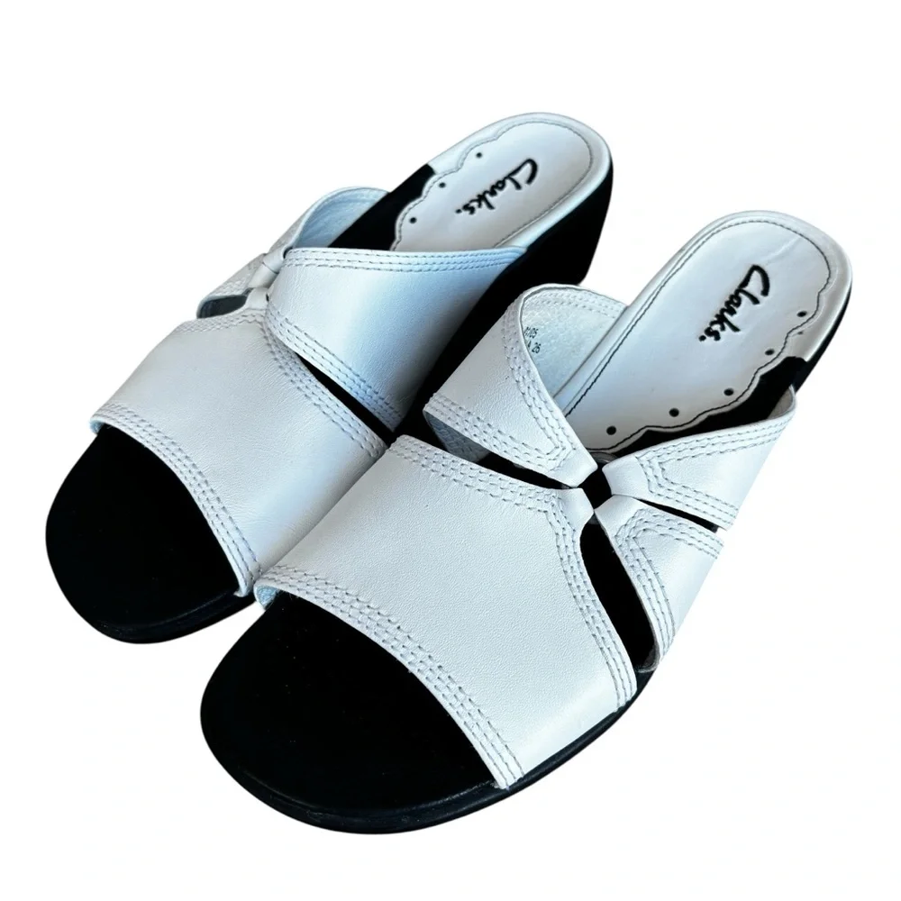 Clarks Women's White Leather Slide Sandals Open Toe 7